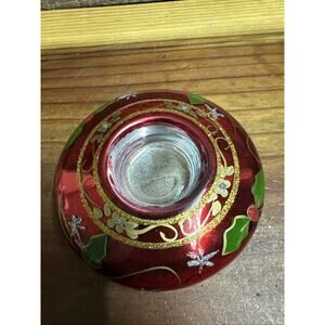 Vintage Red and Gold Hand Blown Painted Art Glass Tealight Holder